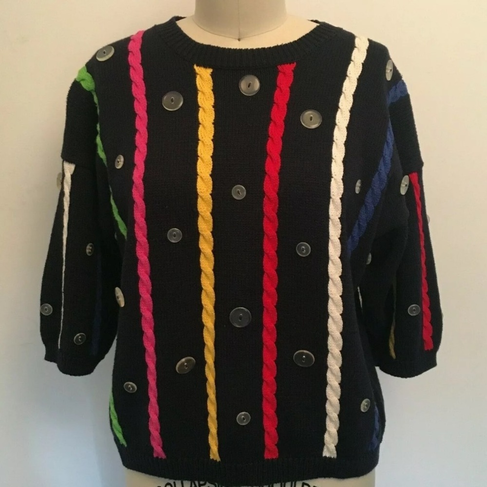 CHAUS Women's 80's Rainbow Knit Button Sweater